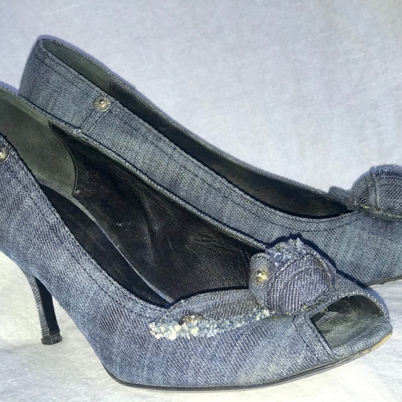 Miu Miu Blue Denim Kitten Heel Peek-A-Boo Pump - Picture 1 of 8